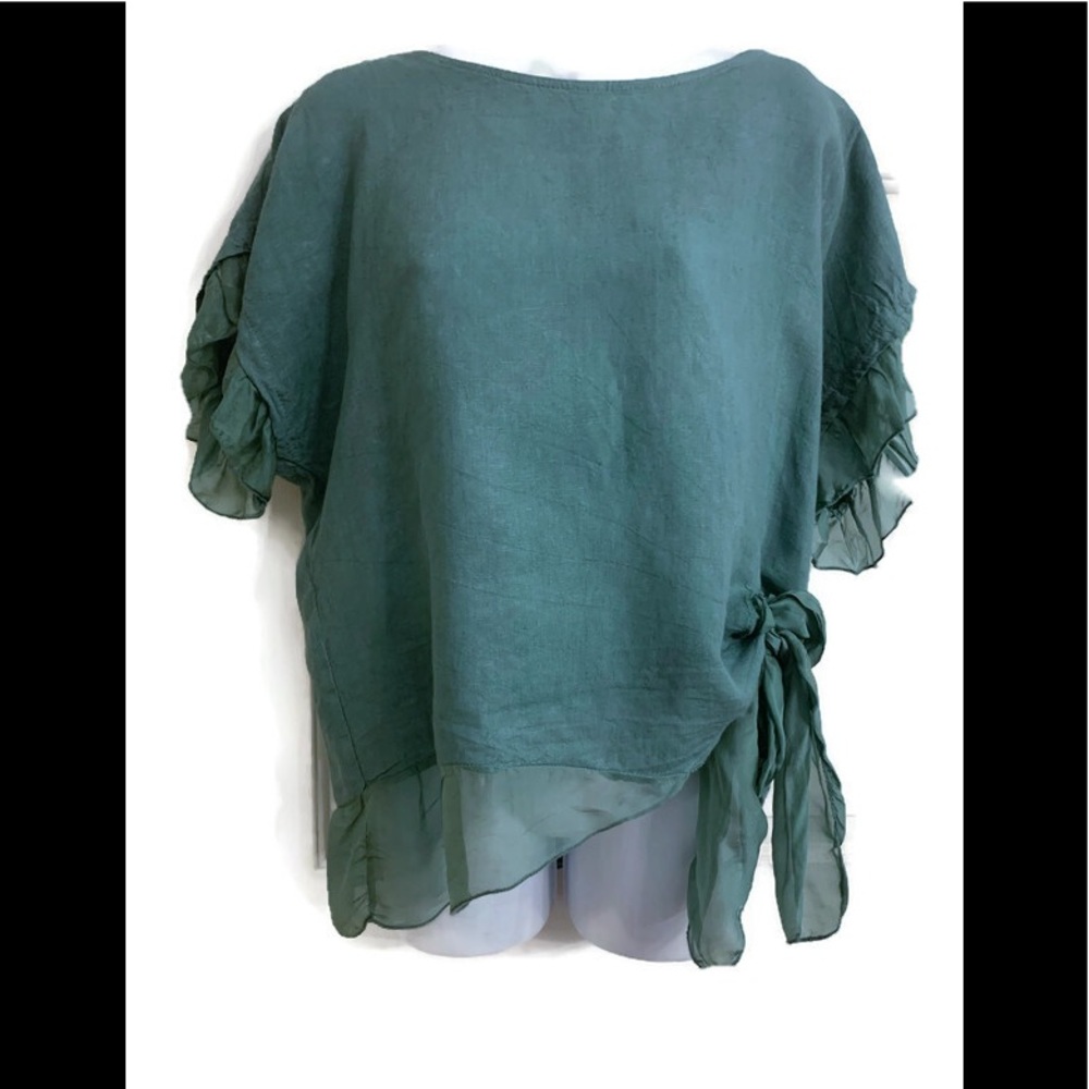 belle france  Linen SS Blouse-M, Teal, Silk Trim
